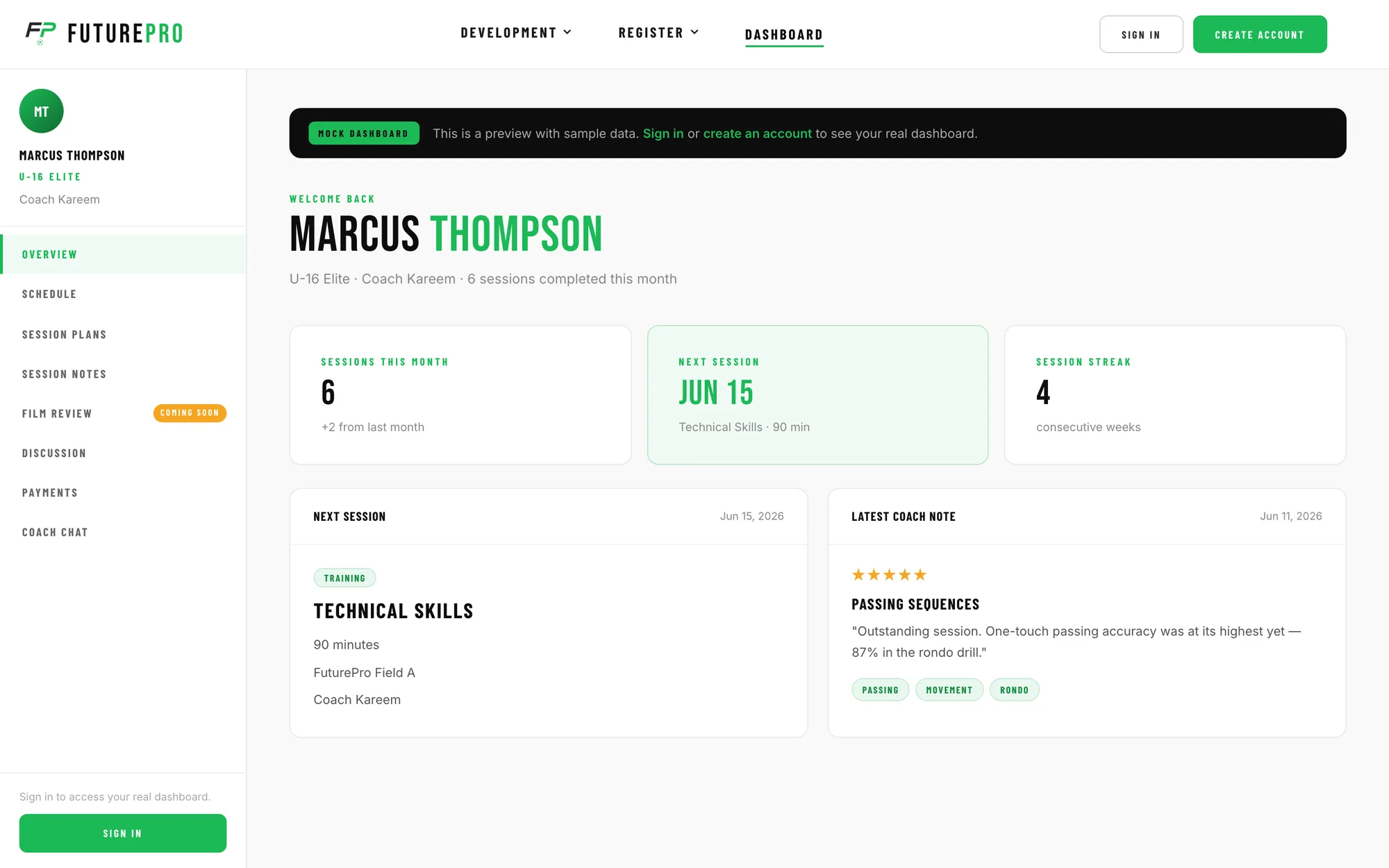 FuturePro athlete portal preview with sample data
