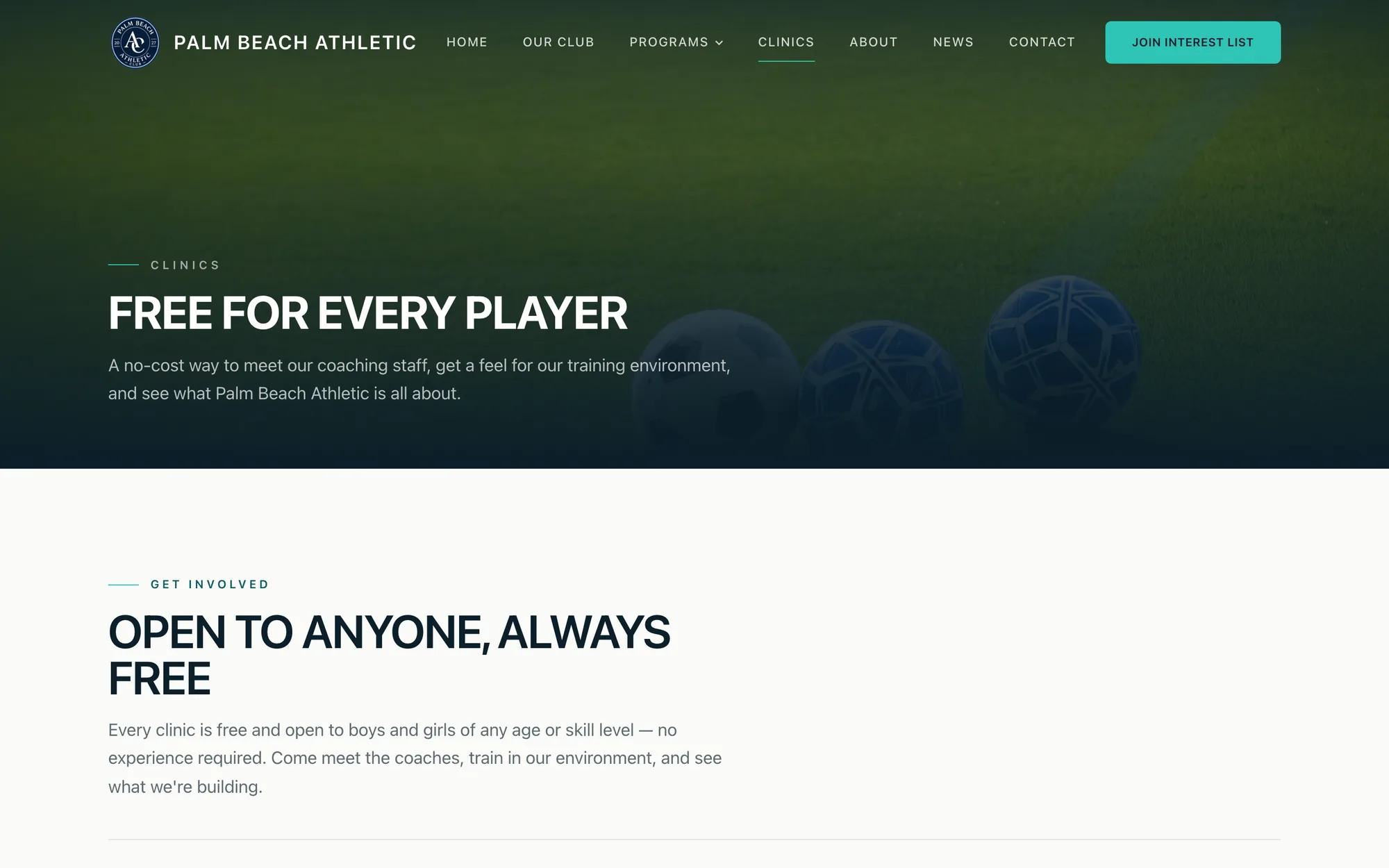 Palm Beach Athletic free clinics page